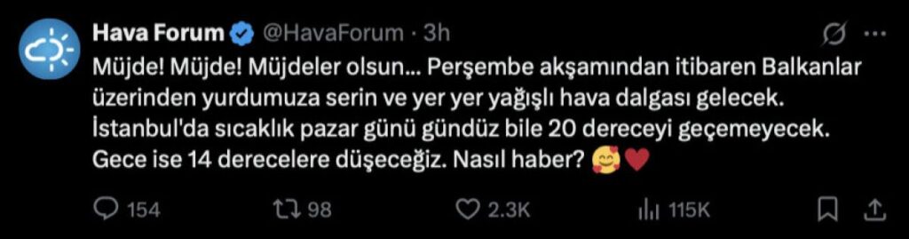 İstanbul için perşembe günü soğuk ve yağışlı hava bekleniyor