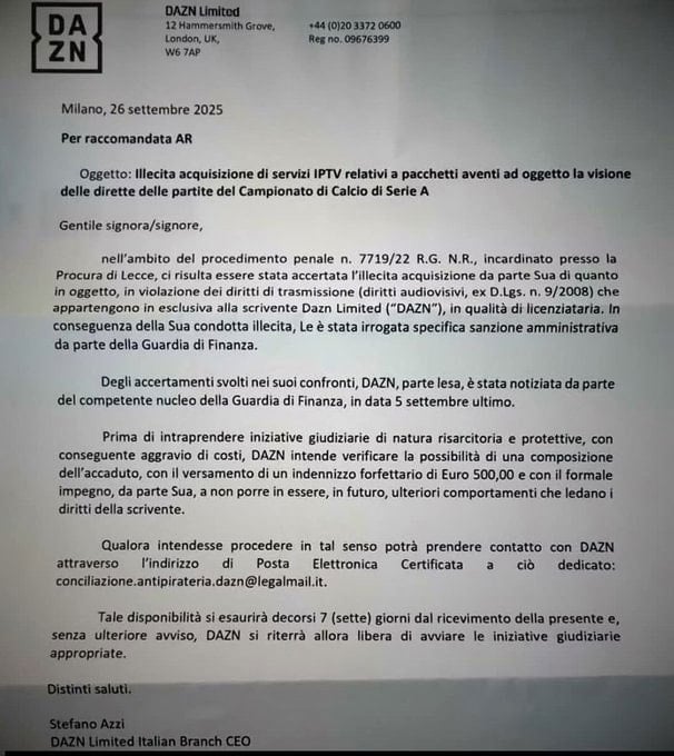 Korsan IPTV Kullanıcılarına Resmi Mektup Gönderildi: 500 Euro Ceza Ödemeleri İsteniyor