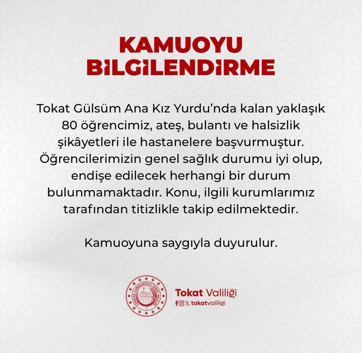 Tokat'ta 80 Kız Öğrenci Hastanelik Oldu, Sağlık Durumları İyi