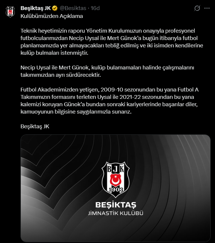 Beşiktaş, Necip Uysal ve Mert Günok'u kadro dışı bıraktı