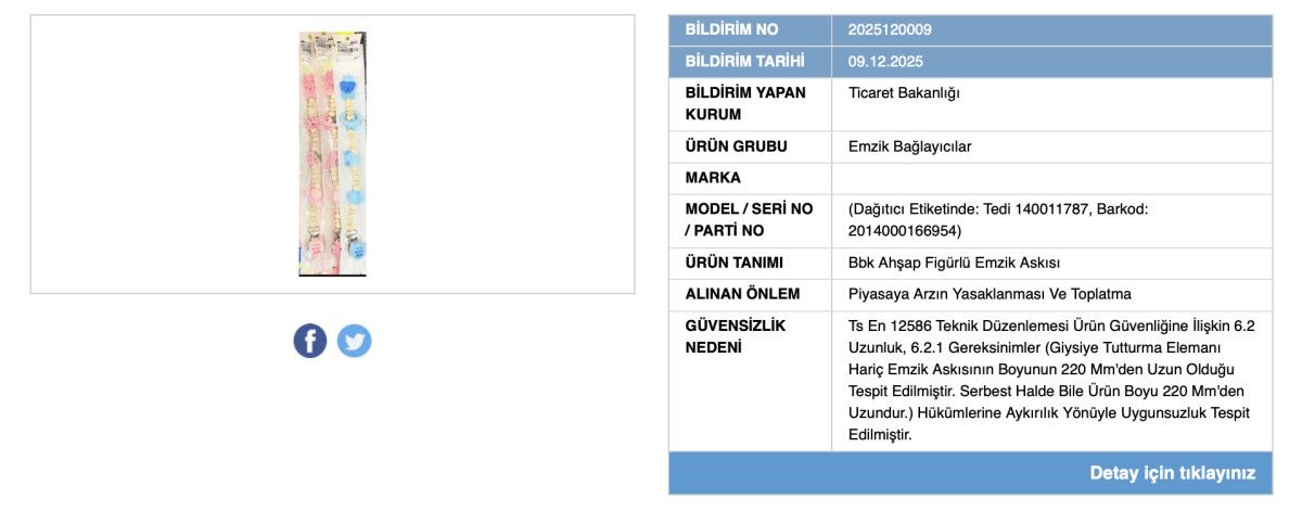 Ticaret Bakanlığı'ndan Acil Ürün Toplatma Kararı: Bebek Emzik Askısı Güvensiz Bulundu