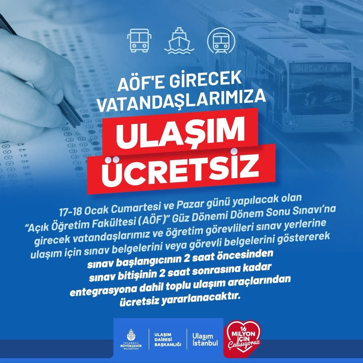 İstanbul'da Sınav Günlerinde Toplu Ulaşım Ücretsiz Olacak