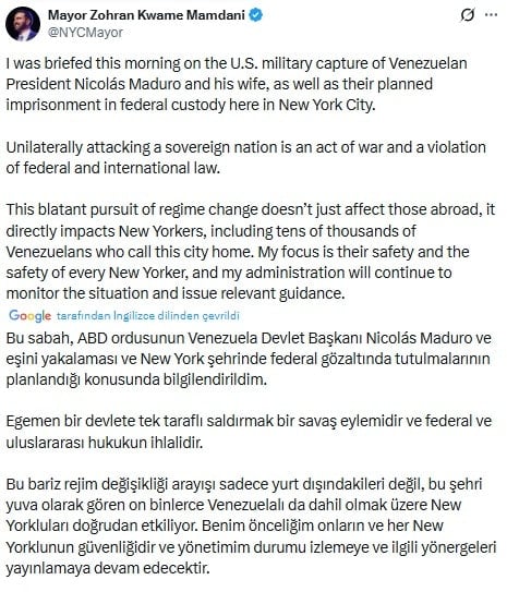 Mamdani'den ABD'nin Maduro operasyona uluslararası hukuk eleştirisi
