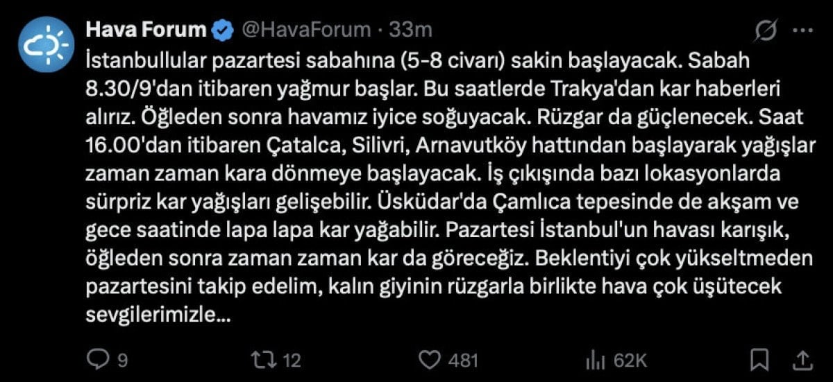 İstanbul'da kar yağışı bekleniyor: Yüksek kesimlerde beyaz örtü görünmeye başlayacak