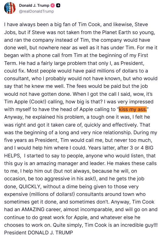 Trump'tan Tim Cook'a Övgü: "İnanılmaz Bir Adam ve Eşsiz Bir Lider"