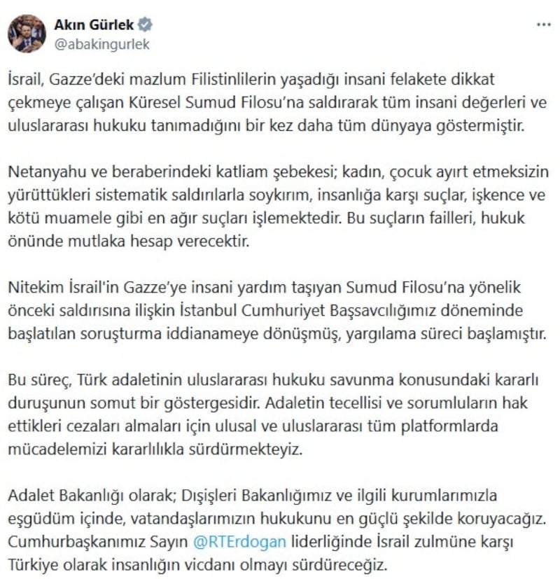 Adalet Bakanı Gürlek'ten İsrail'in Sumud Filosu'na Saldırısına Sert Tepki