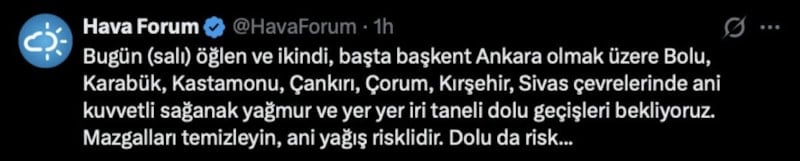 Ankara ve 7 İl İçin Kuvvetli Yağış ve Dolu Uyarısı Yapıldı