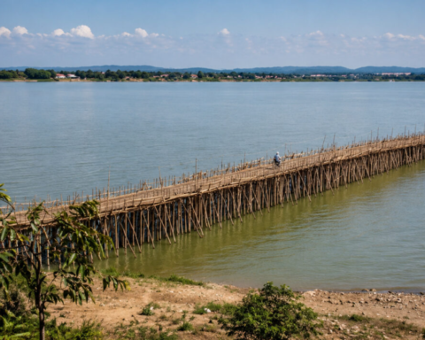 Bambu köprüsü, Tonlé Sap Nehri'ni her yıl yeniden bağlıyor