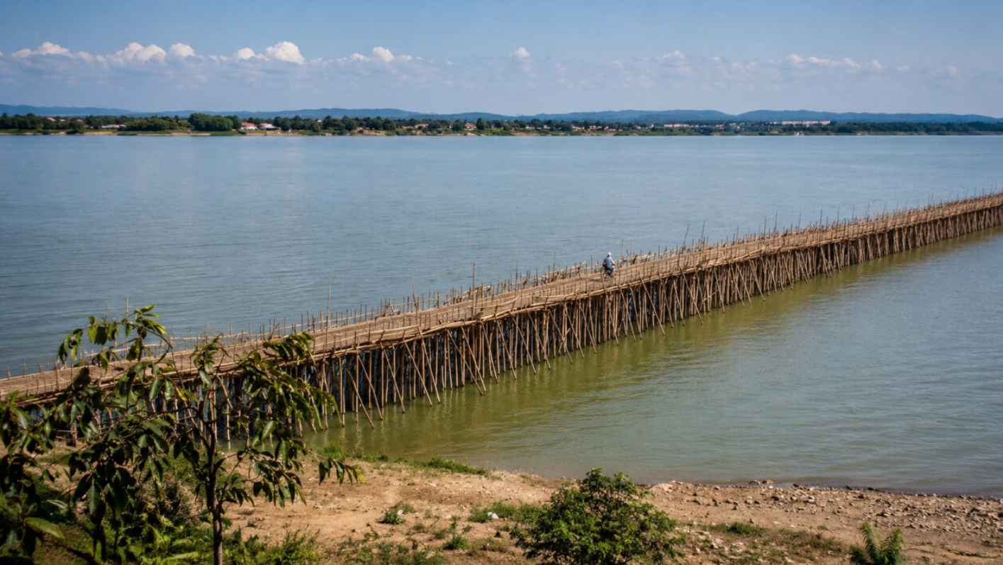 Bambu köprüsü, Tonlé Sap Nehri'ni her yıl yeniden bağlıyor