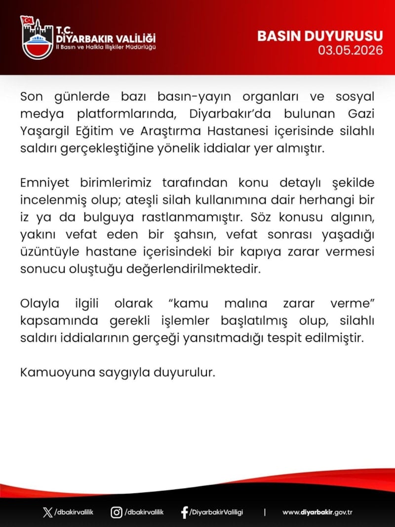 Diyarbakır’da Hastaneye Yönelik Silahlı Saldırı İddiaları Yalanlandı