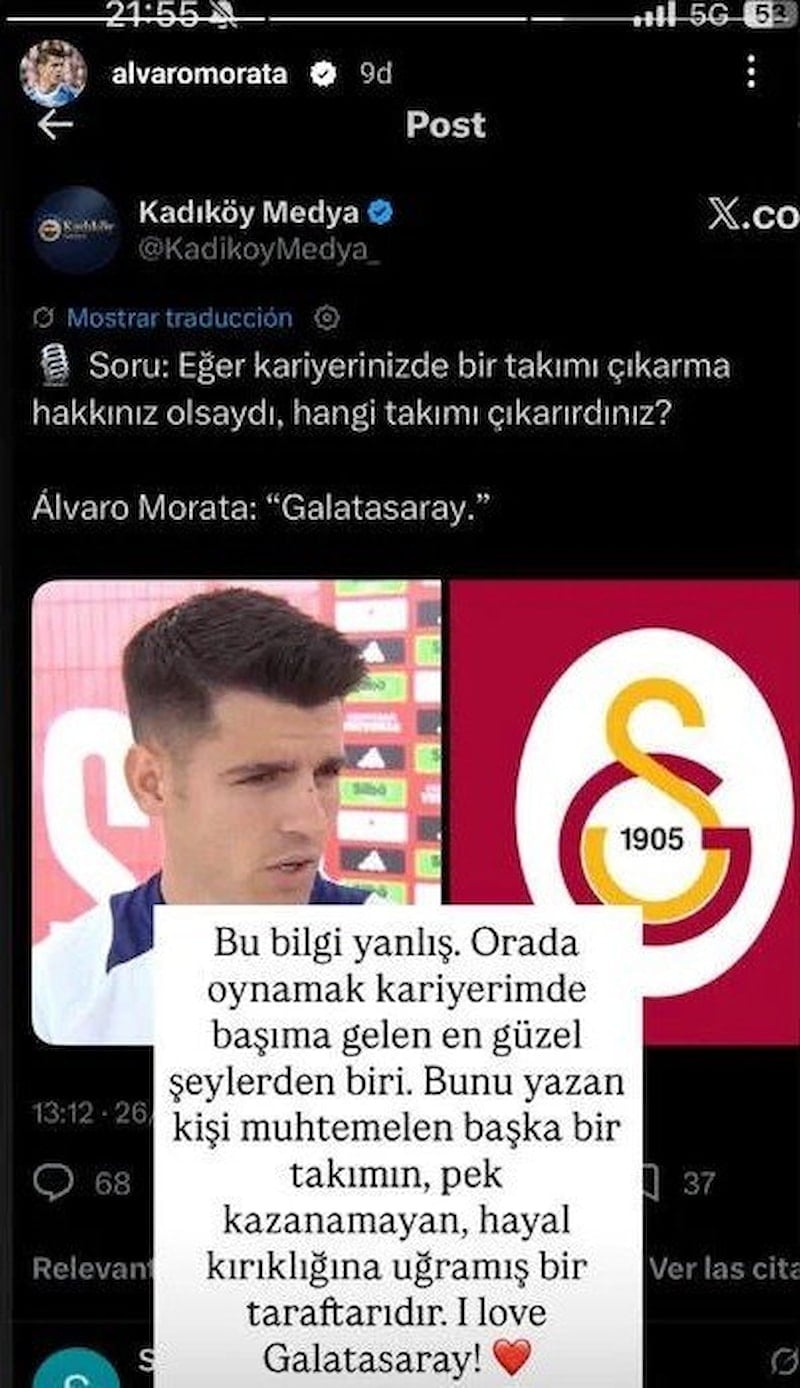 Morata, Fenerbahçeli Hesap Tarafından Yalanlanan Bilgileri Düzeltirken Galatasaray’a Övgüde Bulundu