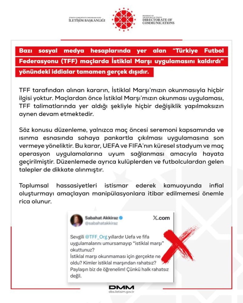 TFF’den İstiklal Marşı İddialarına Yalanlama: Açıklamada Manipülatif Paylaşımlara İtibar Edilmemeli