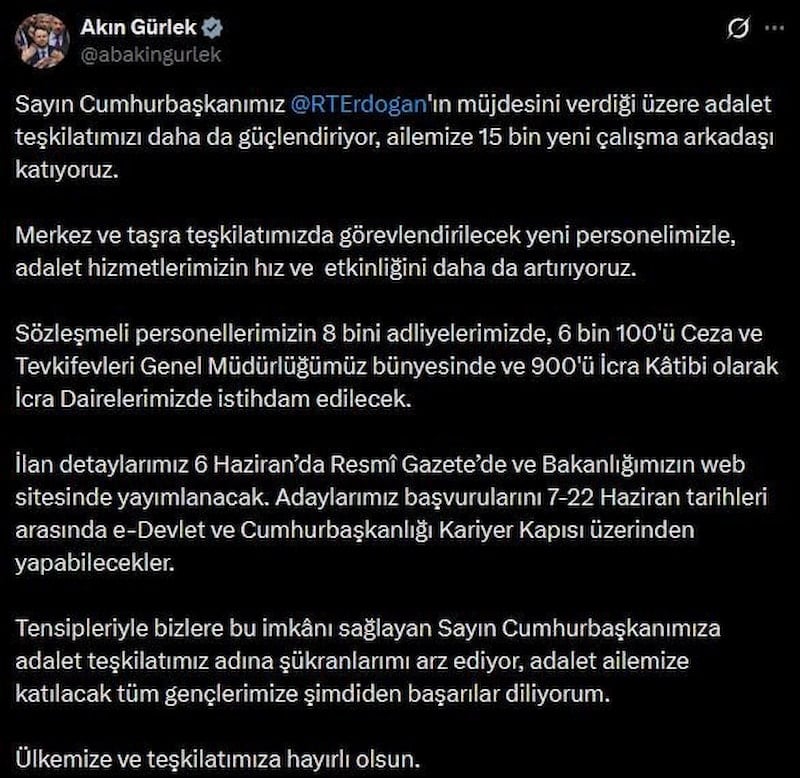 Adalet Bakanlığına 15 bin yeni personel alınacak